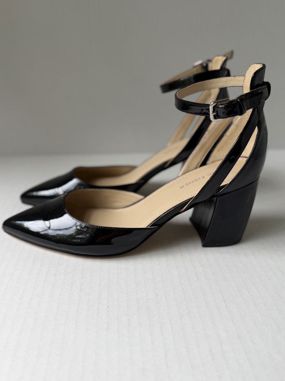 Marc Fisher Black Patent Pointed-Toe Ankle-Strap Kitten Heels